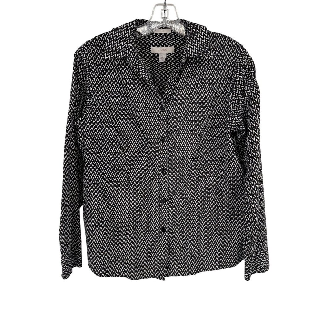 Chicos 1 Black White Chevron Cotton Button-Down Shirt No-Iron Womens Size medium